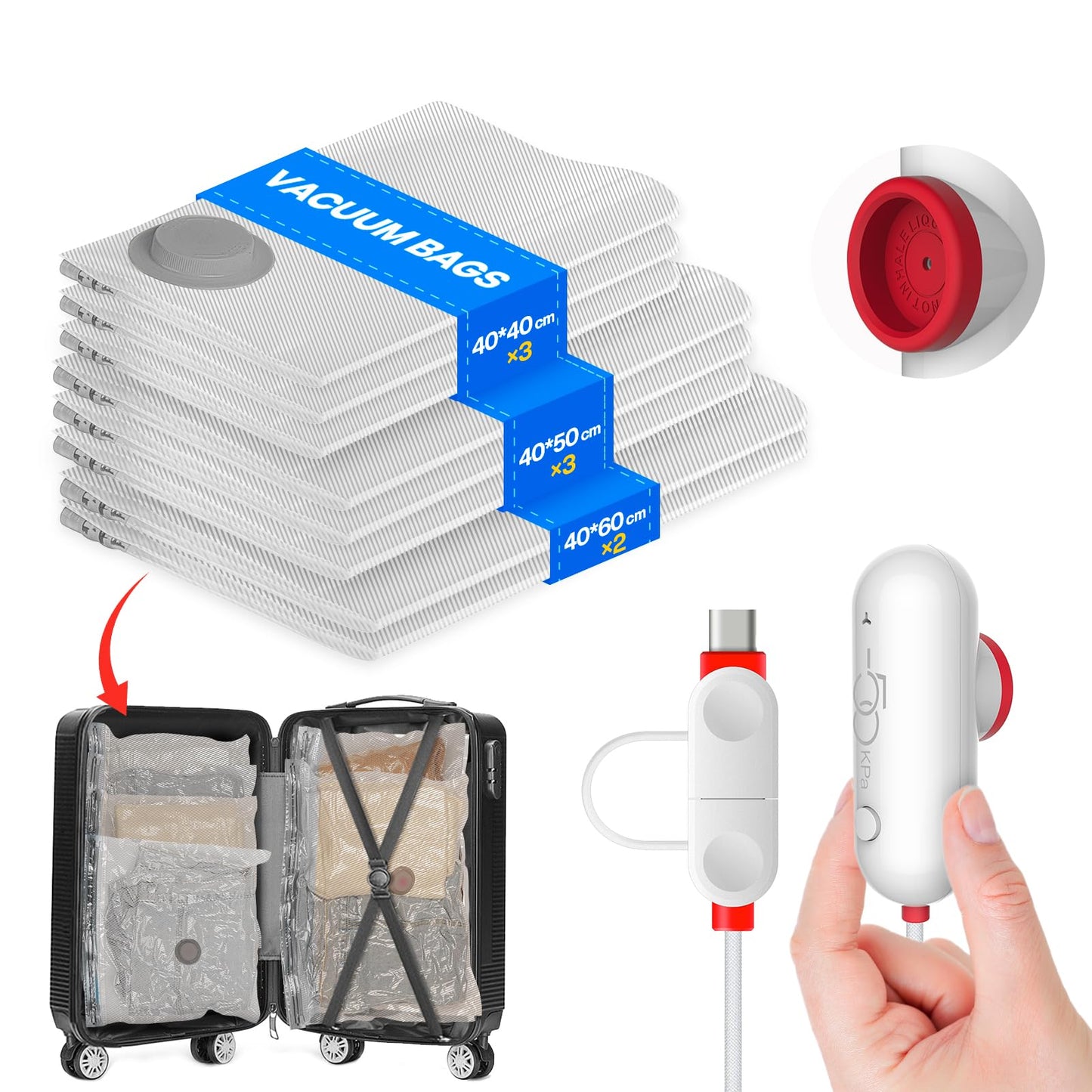 圧縮バッグ 旅行用 衣類圧縮バッグ 8枚 USB 電動ポンプ付き 40*40*3枚/40*50*3枚/40*60*2枚 衣類収納 真空収納バッグ USBポンプ 吸引器 収納バッグ 小物収納 消臭 防塵 防湿 防カビ 高密閉性 圧縮バッグ 収納圧縮バッグ 家庭用 引越し 出張 旅行