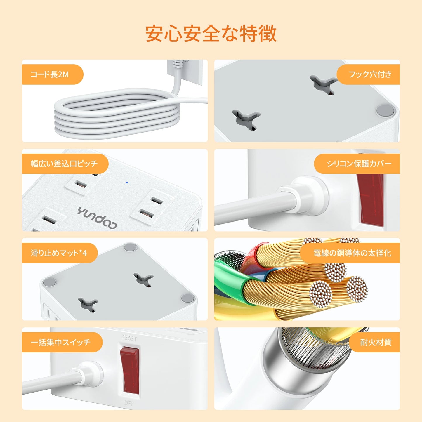 新商品 電源タップ フラットプラグ式 コンセント 電源タップ usb 延長コード 2m AC8口 USB 4ポート コンセント 急速充電 2m スマホ充電 回転 延長コード2m usb コンセント タップ 電源タップ スイッチ