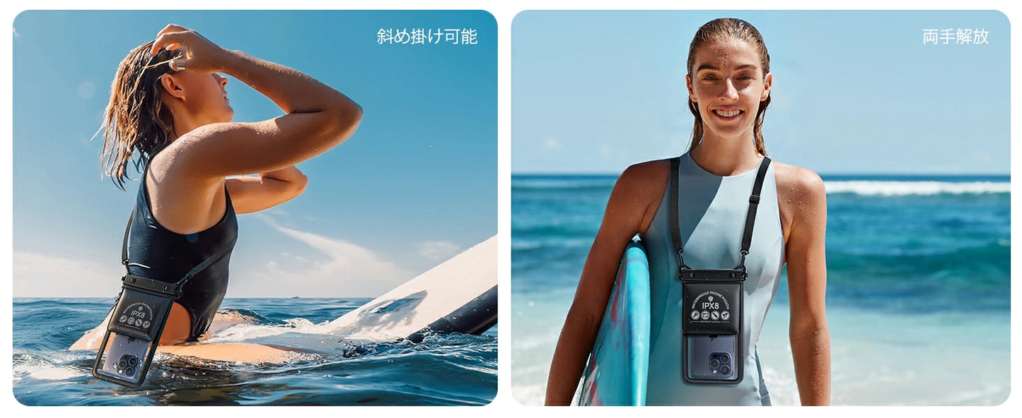小物収納ポケット付き スマホ防水ケース Lamicall ストラップ スマホ 防水カバー IPX8 海 プール ダブルポーチ 水中 撮影 顔認証 通話 首かけ 水泳 海水浴 携帯